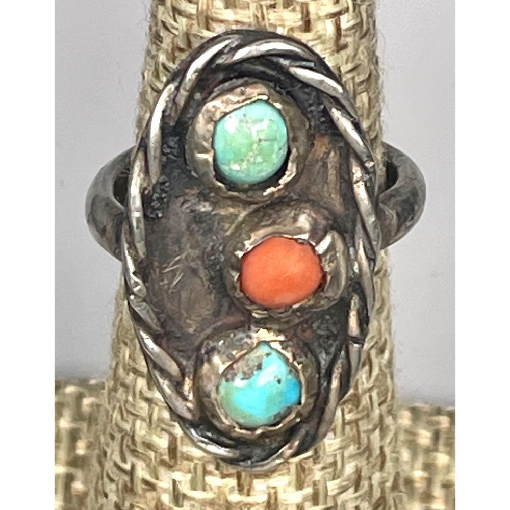 Navajo Sterling Silver Turquoise Coral Ring Early Handmade Size 3.25 Tested